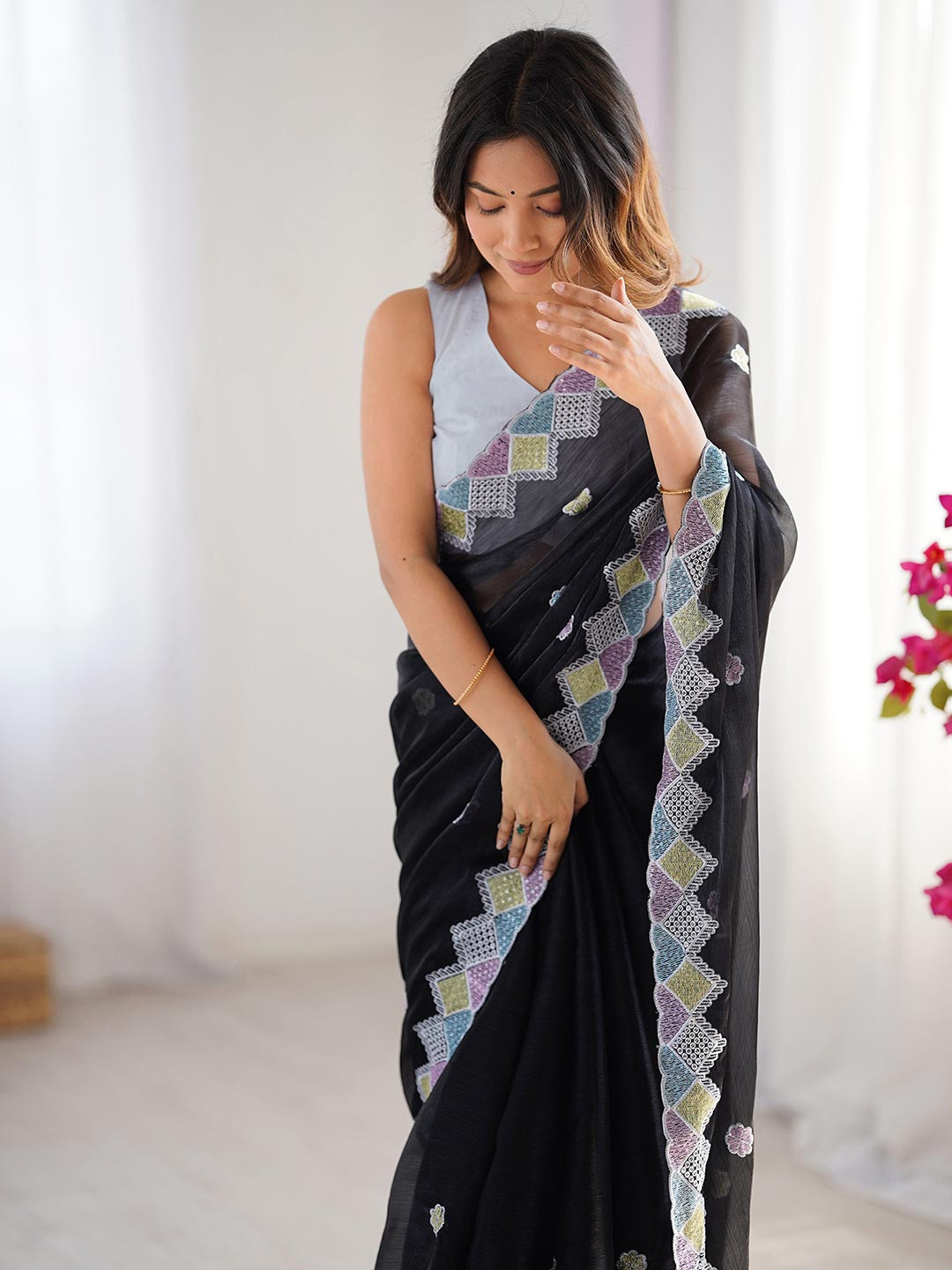 Satrani Embellished Embroidered Pure Chiffon Saree