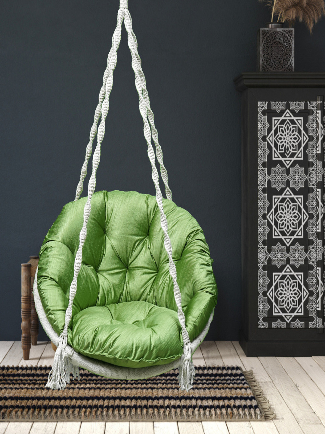 Patiofy White & Green Cotton Round  Hammock Swing Chair With Cushion