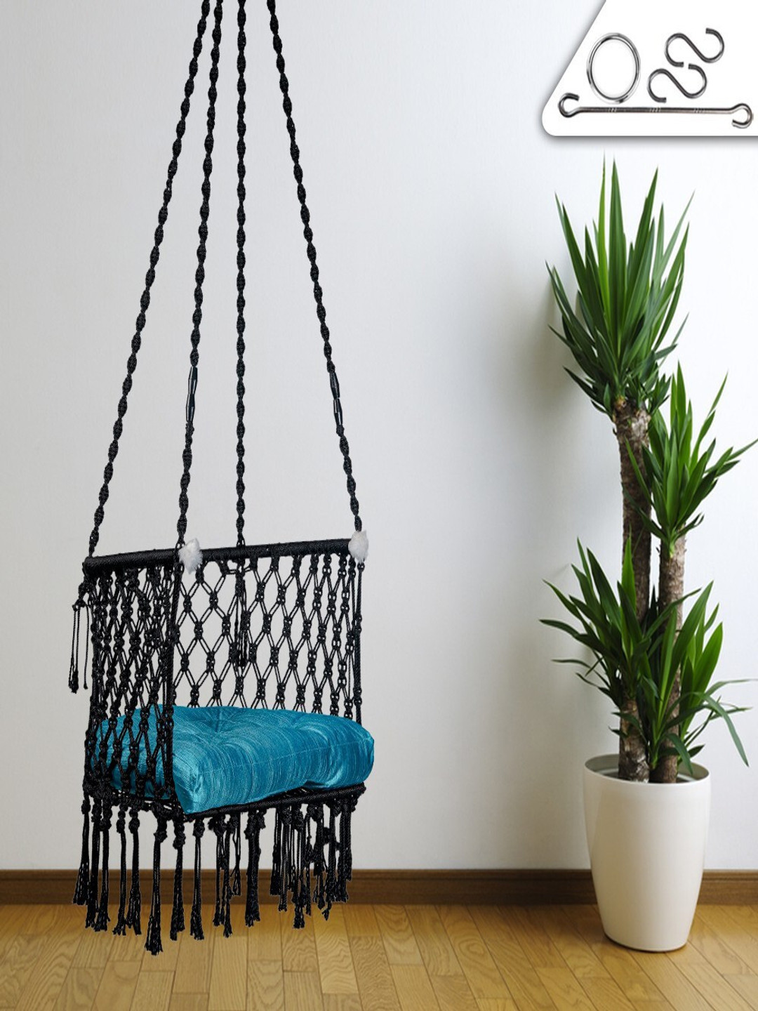 Patiofy Black & Blue C-Shaped Comfortable Hammock Swing Chair With Cushion