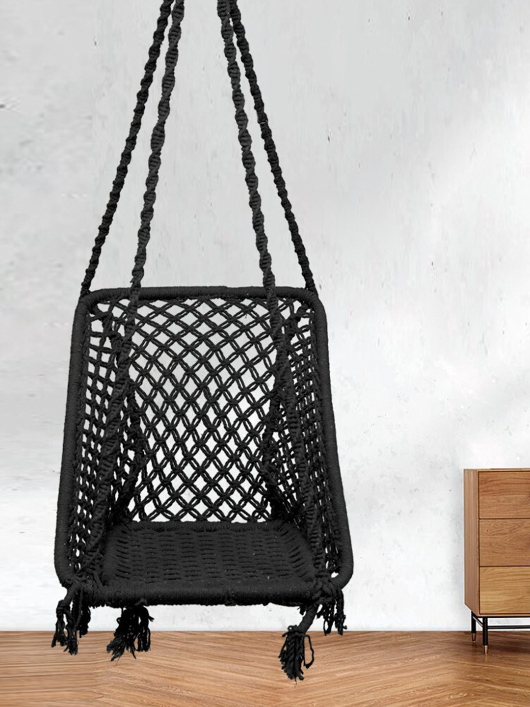 Patiofy Black Cotton Square Hammock Swing Chair With Hanging Kit