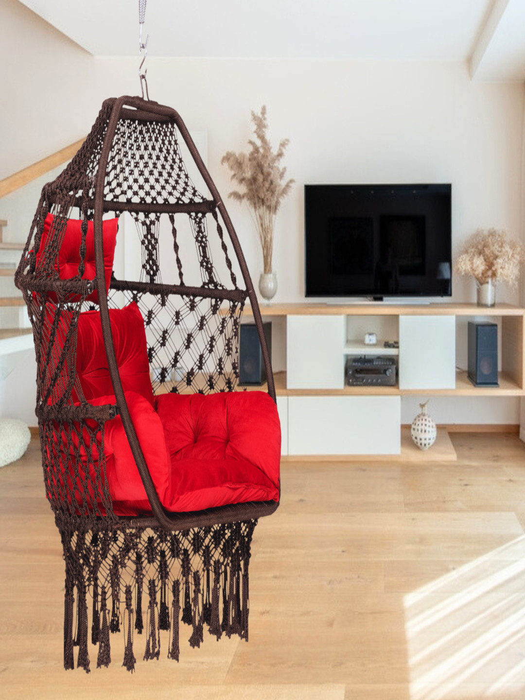 Patiofy Premium Black & Red Foldable Egg-Shaped Hammock Swing Chair With Cushion