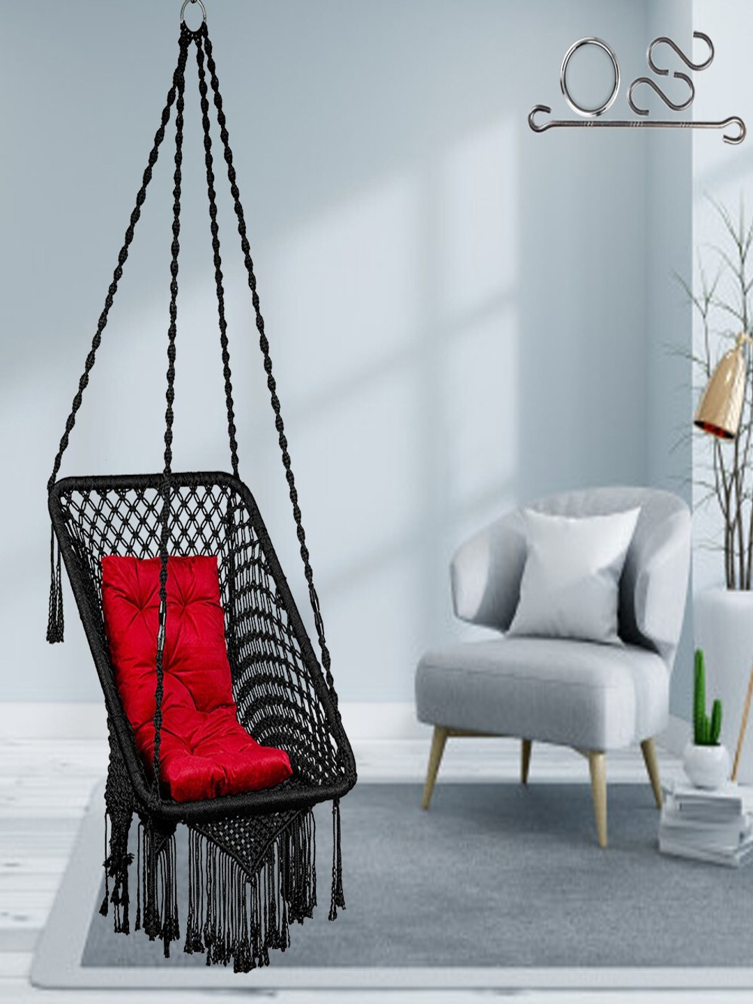 Patiofy Premium Black & Red Square Comfortable Hammock Swing Chair With Cushion