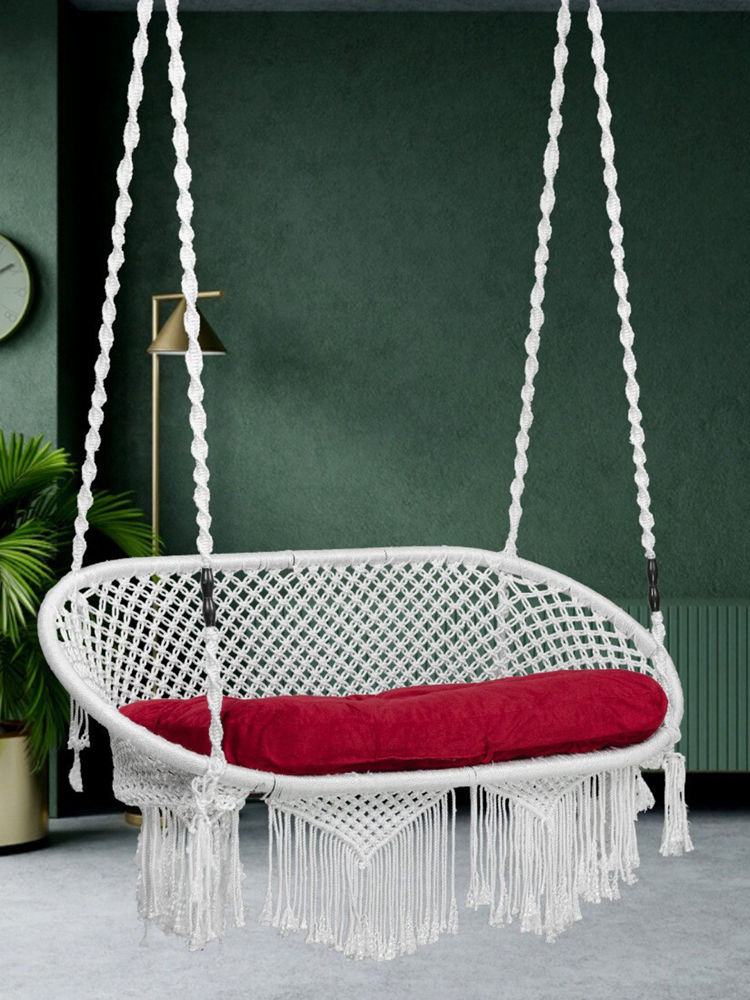 Patiofy Premium White & Red Oval Shaped Double-Shaped Hammock Swing Chair With Cushion