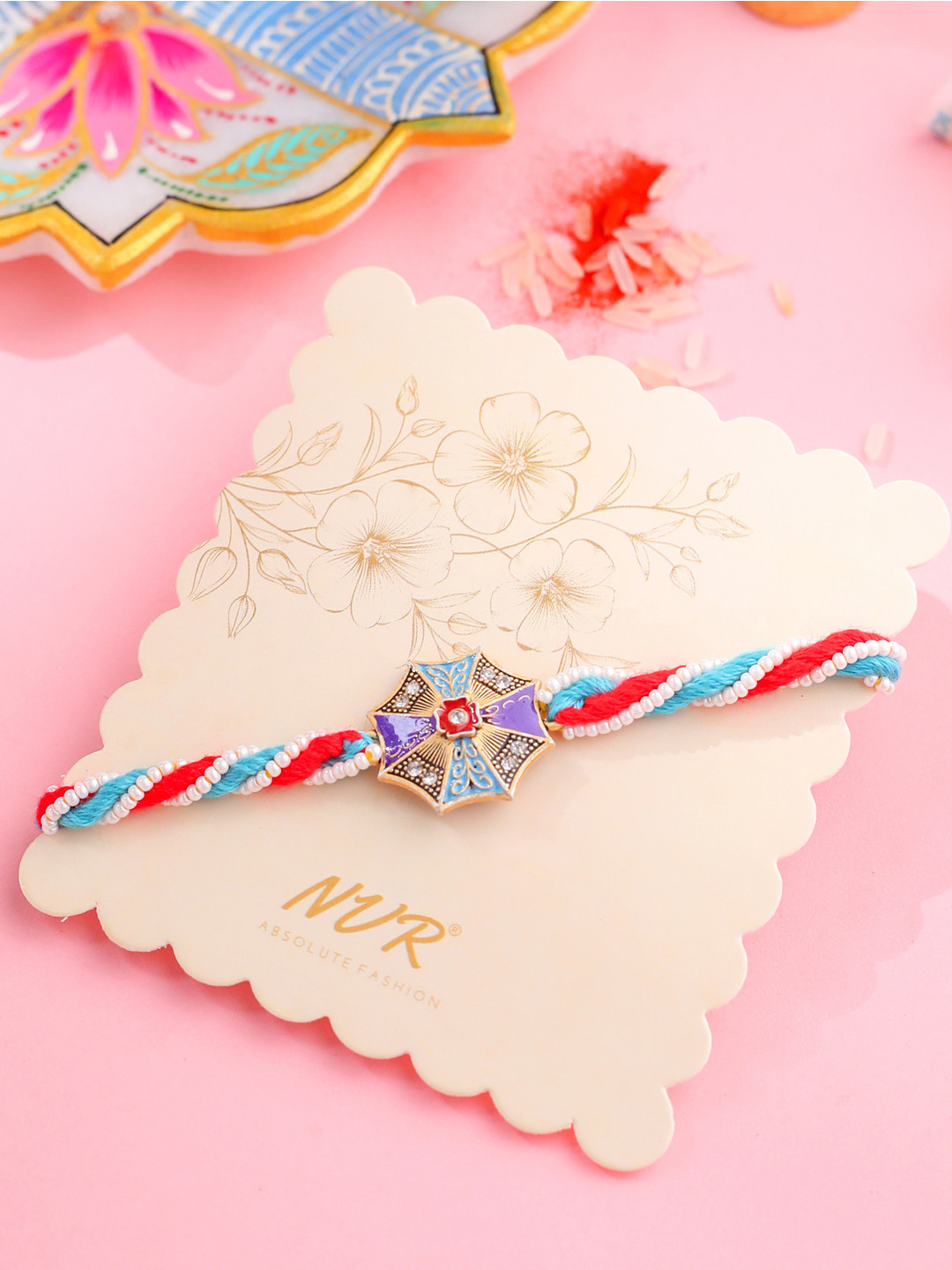 NVR Unisex Floral Multicolor Artificial Stones & Pearls Thread Rakhi With Roli Chawal