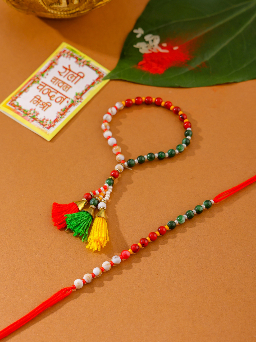 NVR Multicolor Artificial Beads Set of 2 Bhaiya Bhabhi Rakhi with Roli Chawal Chandan