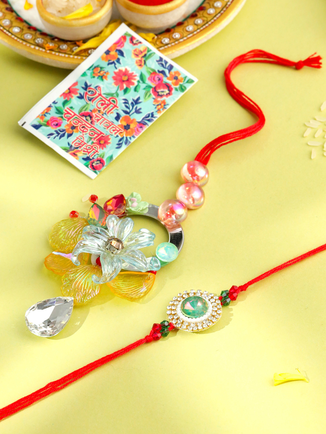 NVR Multicolor Artificial Stones & Beads Set Of 2 Bhaiya Bhabhi Rakhi With Roli Chawal