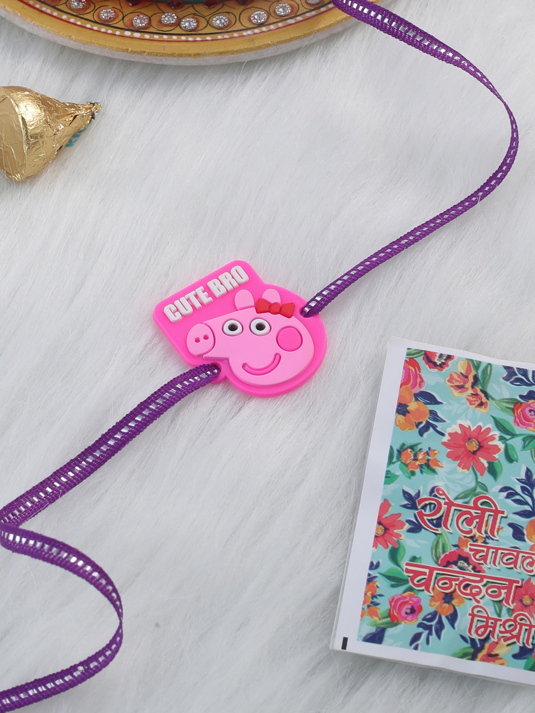 NVR Stylish Pink Cartoon Character Kids Rakhi with Roli Chawal Chandan & Mishri