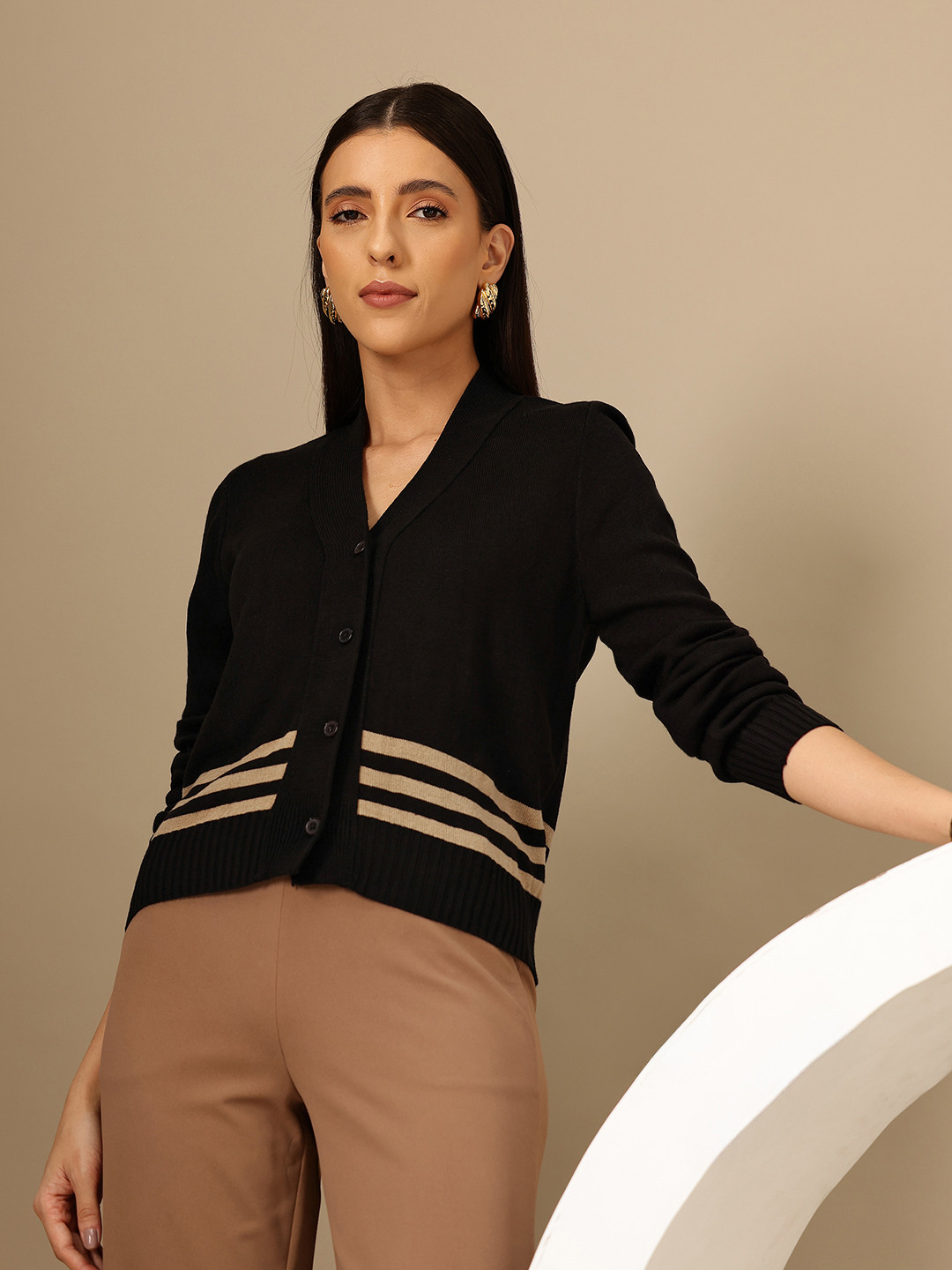 Chemistry Striped V-Neck Center Front Open Cardigan with Ribbed Hem