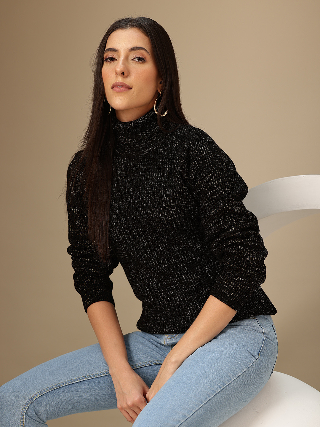 Chemistry Metallic Thread Knitted Ribbed Sweater