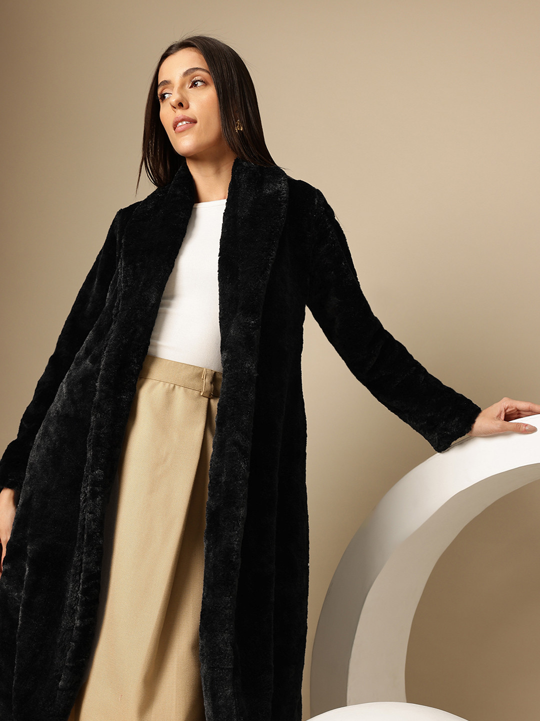 Chemistry Shawl Collar Velvet-Finish Knee Length Regular Fit Overcoat