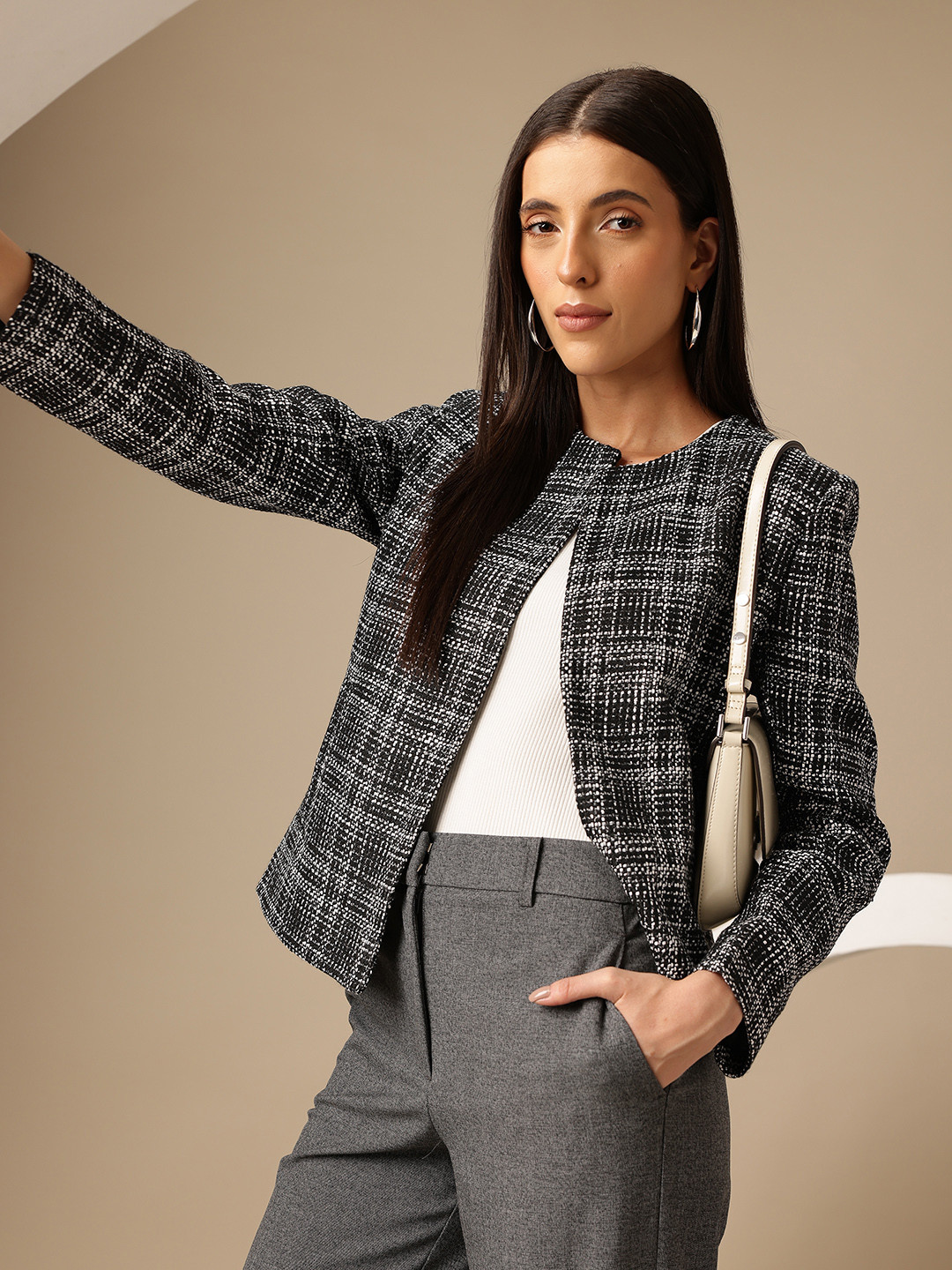 Chemistry Tweed Weave Collarless Front-Open Regular Fit Overcoat