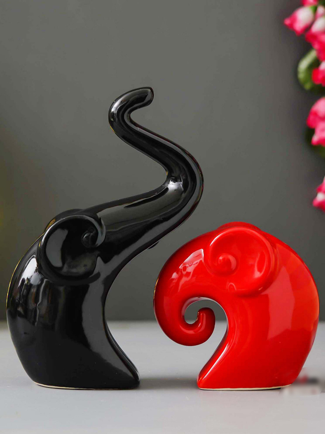 eCraftIndia Couple Elephant Red Polyester Natural Living Room Set of 2 Small Showpieces - 8.9 Inches