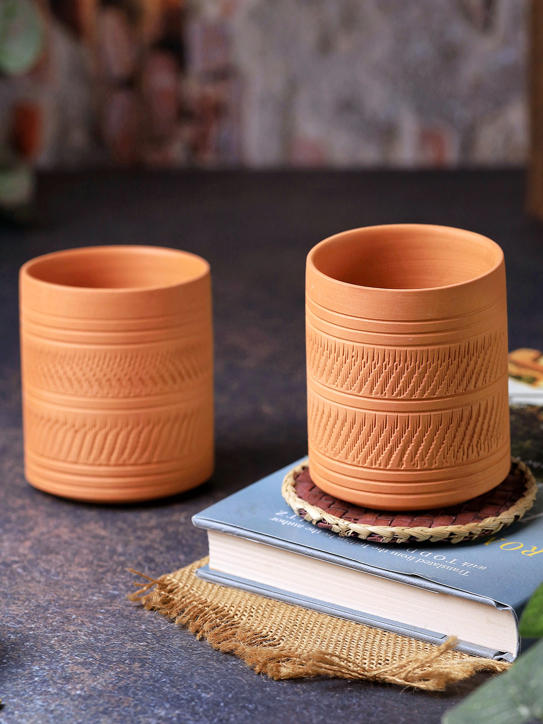 The handicraftian Sanjeev Kapoor Think Food Graphic Quote Orange Textured Terracotta Microwave Safe 2 Piece Cups-250ml