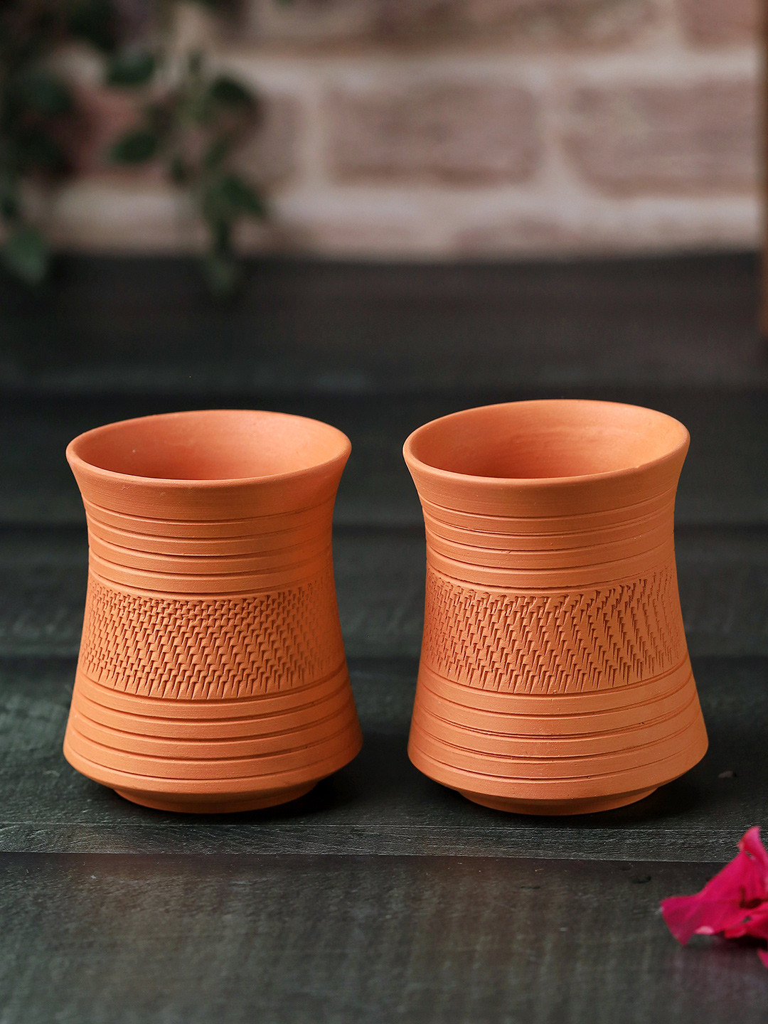 The handicraftian Ornatehal Classic Orange Textured Terracotta Microwave Safe 2 Piece Cups-250ml