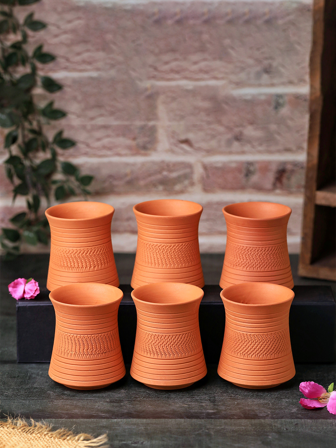The handicraftian Flute Theme Musical Orange Textured Terracotta Microwave Safe 6 Piece Cups-250ml