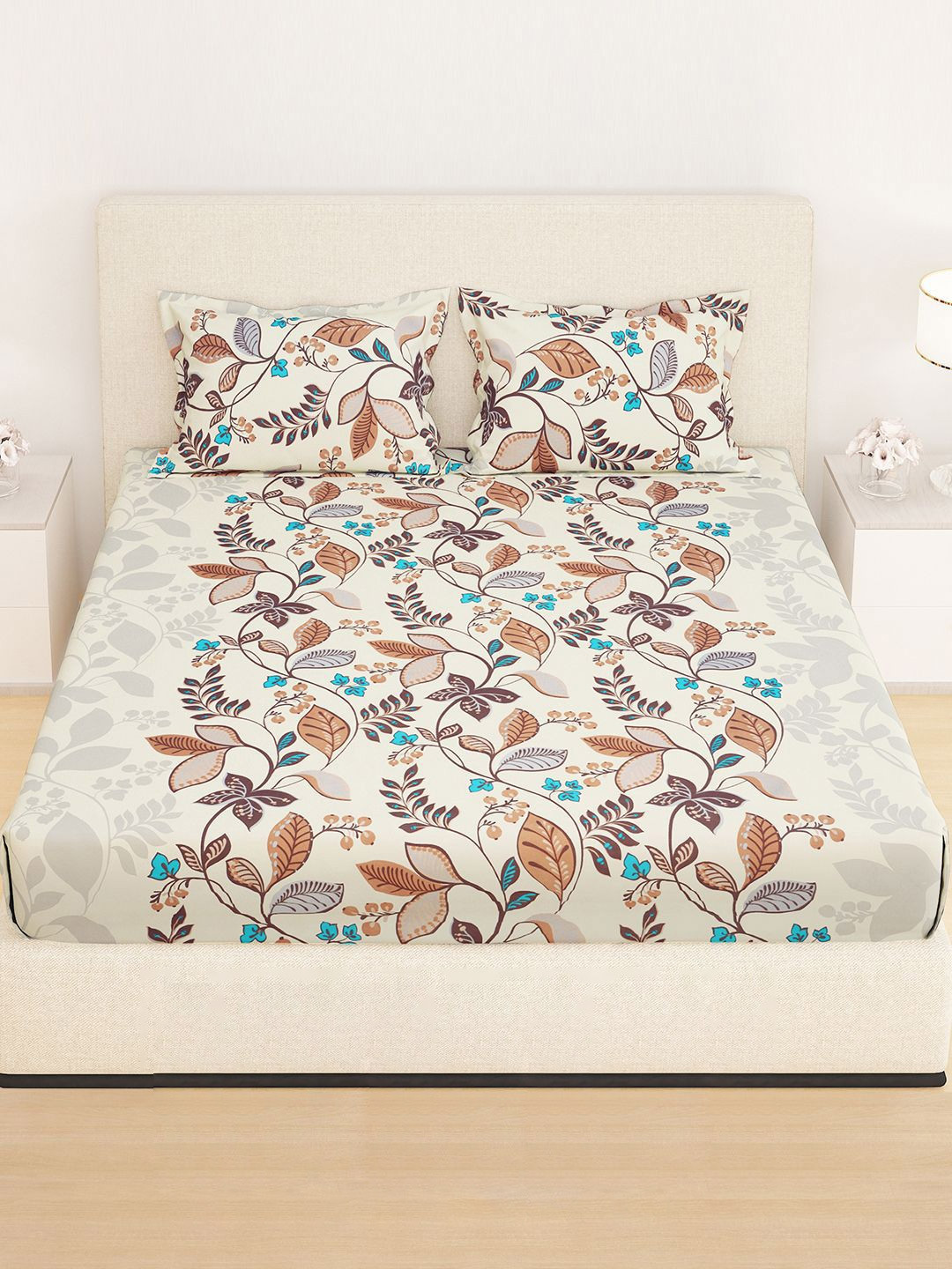 Story@home Monte Brown Floral Microfiber Easy to Wash 210 TC Fitted King Fine Bedsheet with 2 Pillow Covers-87 x 94 inches