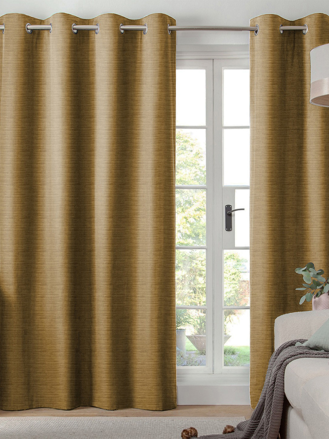 Myntra Elegant Homes Mustard Set of 2 Black Out Long Door Curtain