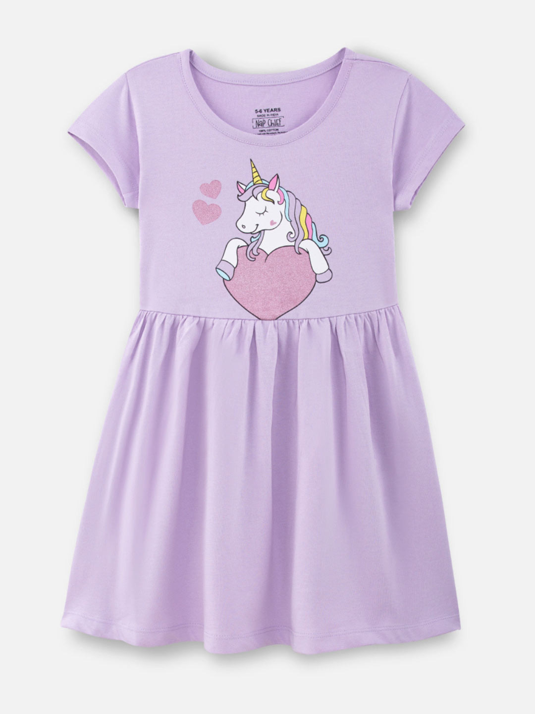 Nap Chief Girls Unicorn Heart Glitter Printed Relaxed Fit Pure Cotton Fit & Flare Dress