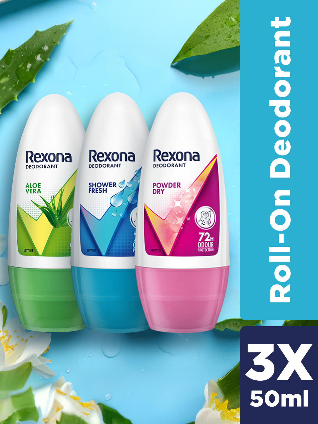 Rexona Pack of 3 Aloe Vera, Shower Fresh & Powder Dry Underarm Roll On For Women