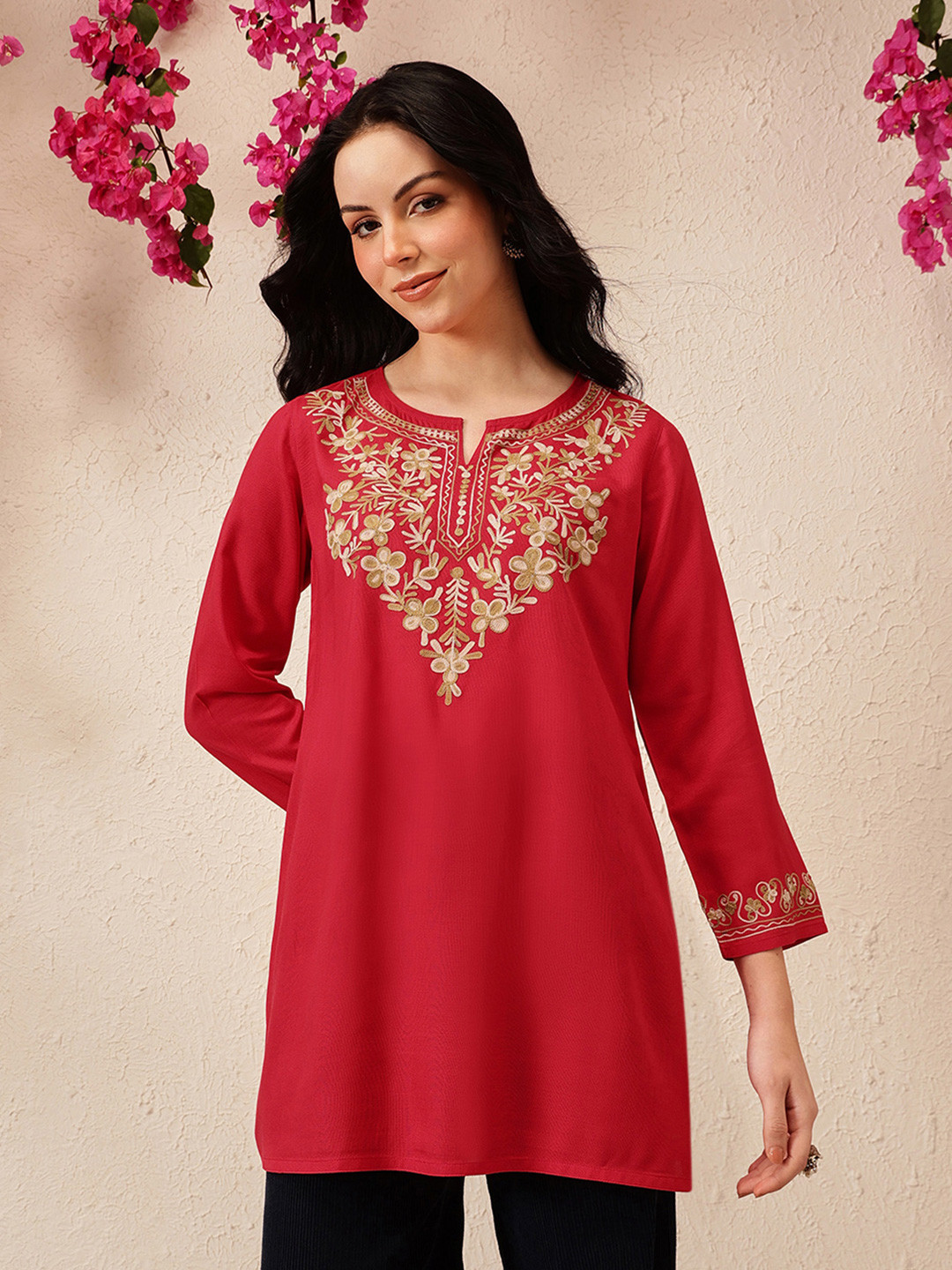 QAZMI Women Naila Kashmiri Floral Embroided Red A-Line Short Kurti