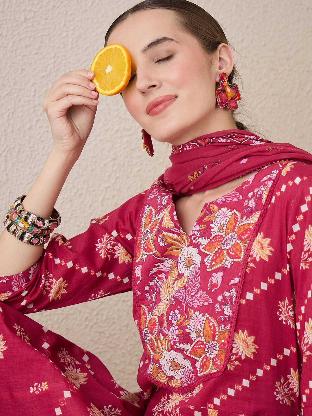 Indo Era Floral Printed Notch Neck Beads & Stones Pure Cotton Kurta Trousers & Dupatta