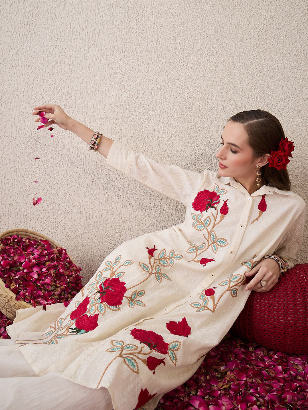 Indo Era Floral Embroidered Shirt Collar Thread Work Pure Cotton A-Line Kurta With Trouser