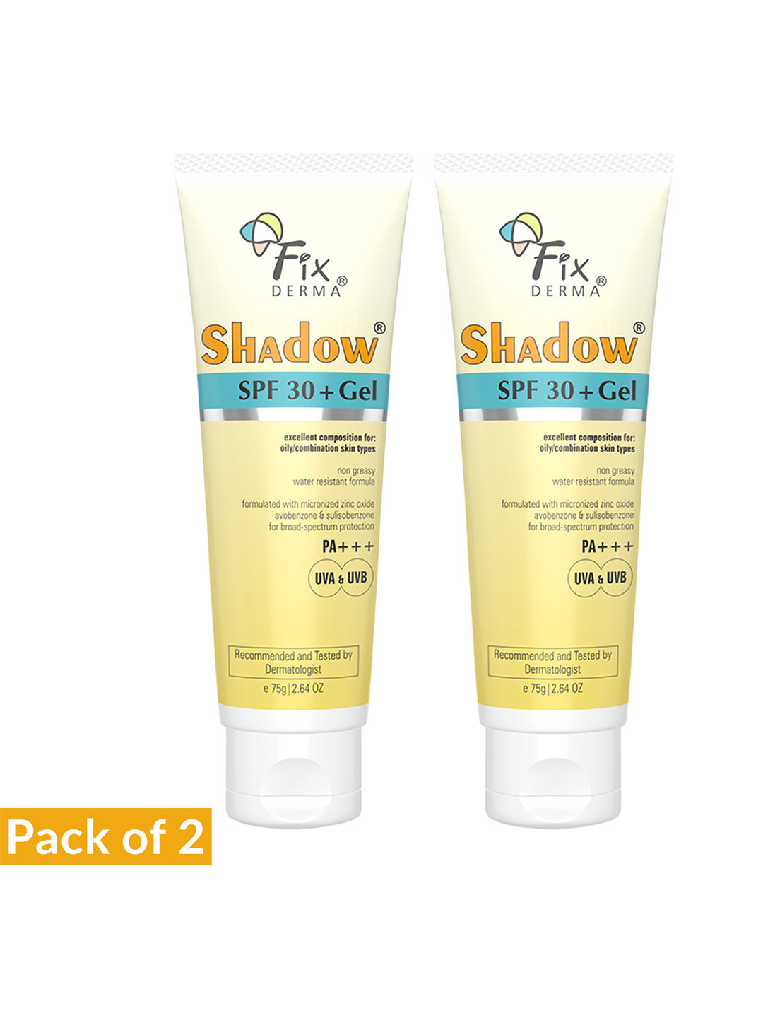 FIXDERMA 2-Pcs Shadow Sunscreen SPF 30+ Gel for Oily Skin with PA+++ Protection - 75g each