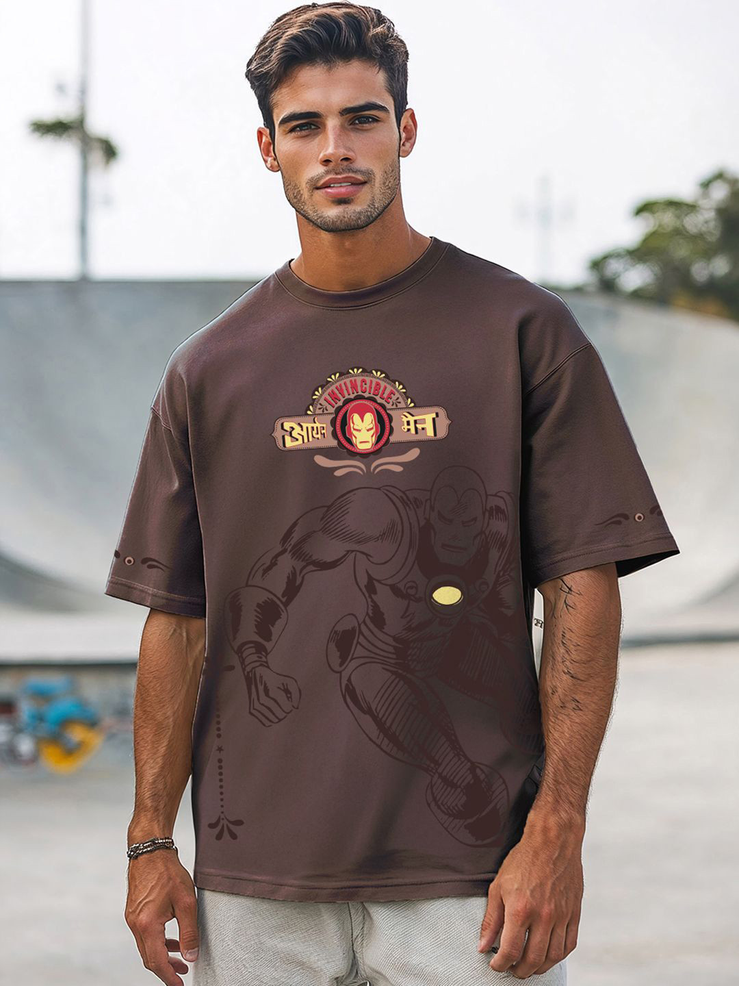 Bewakoof Men Iron Man Graphic Printed Drop-Shoulder Sleeves Cotton Oversized T-shirt