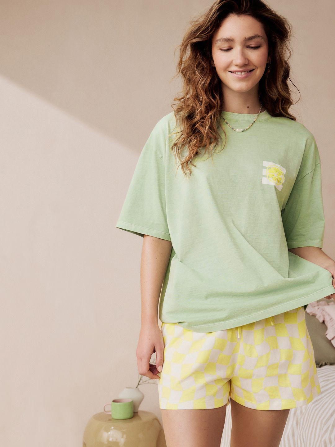 NEXT Women Drop Shoulder Sleeves Checked Pure Cotton Night Suit