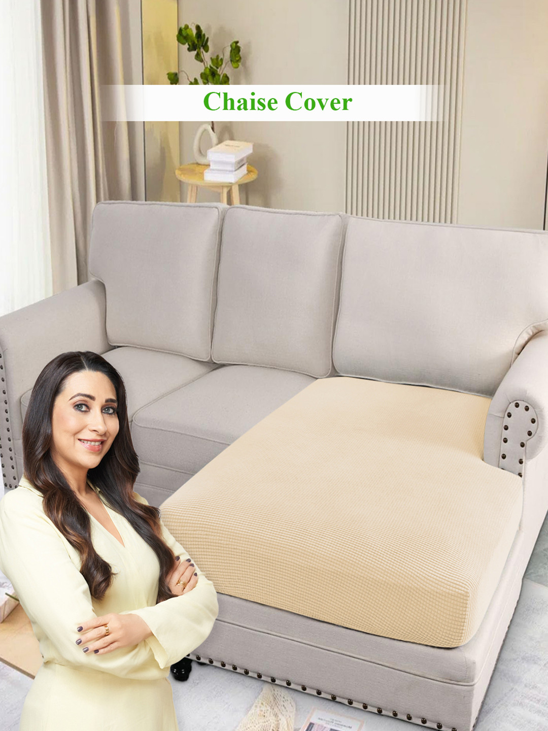 HOKIPO Beige Jacquard Chaise Cover for L Shaped Sofa