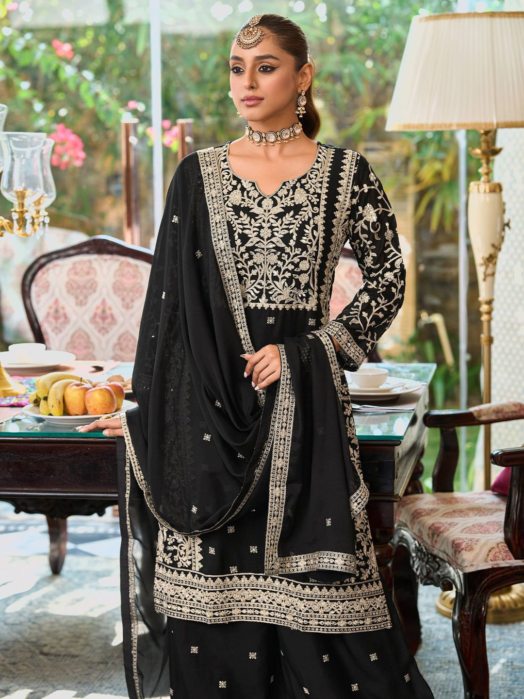 Indo Era Floral Embroidered Round Neck Mirror Work Straight Kurta With Palazzos & Dupatta