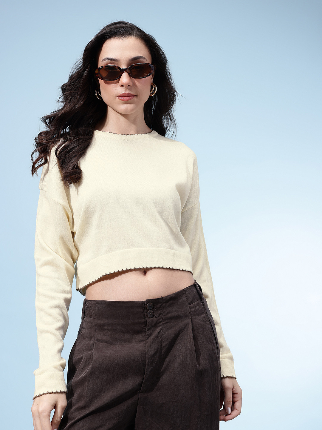 glitchez Scalloped Detail Drop-Shoulder Cropped Pullover