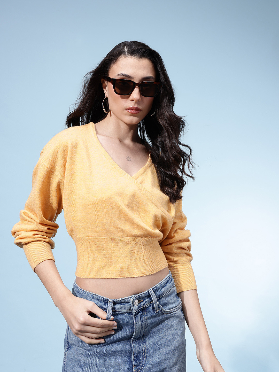 glitchez Wrap V-Neck Crop Oversized Pullover