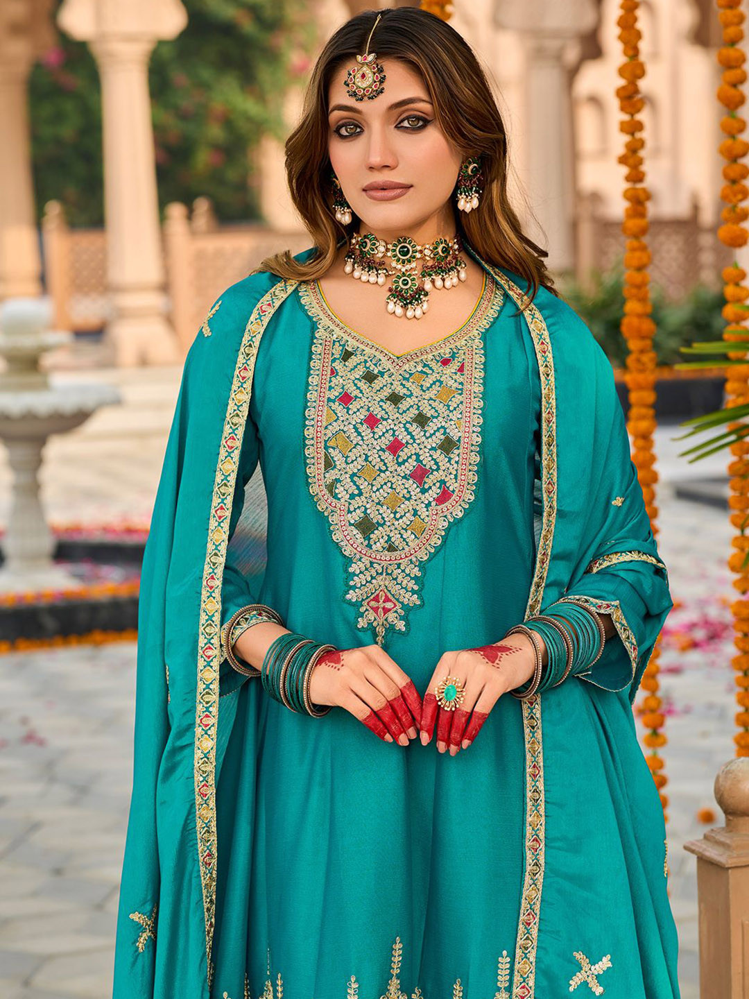Indo Era Floral Embroidered Mirror Work Sequinned Anarkali Kurta With Dhoti & Dupatta