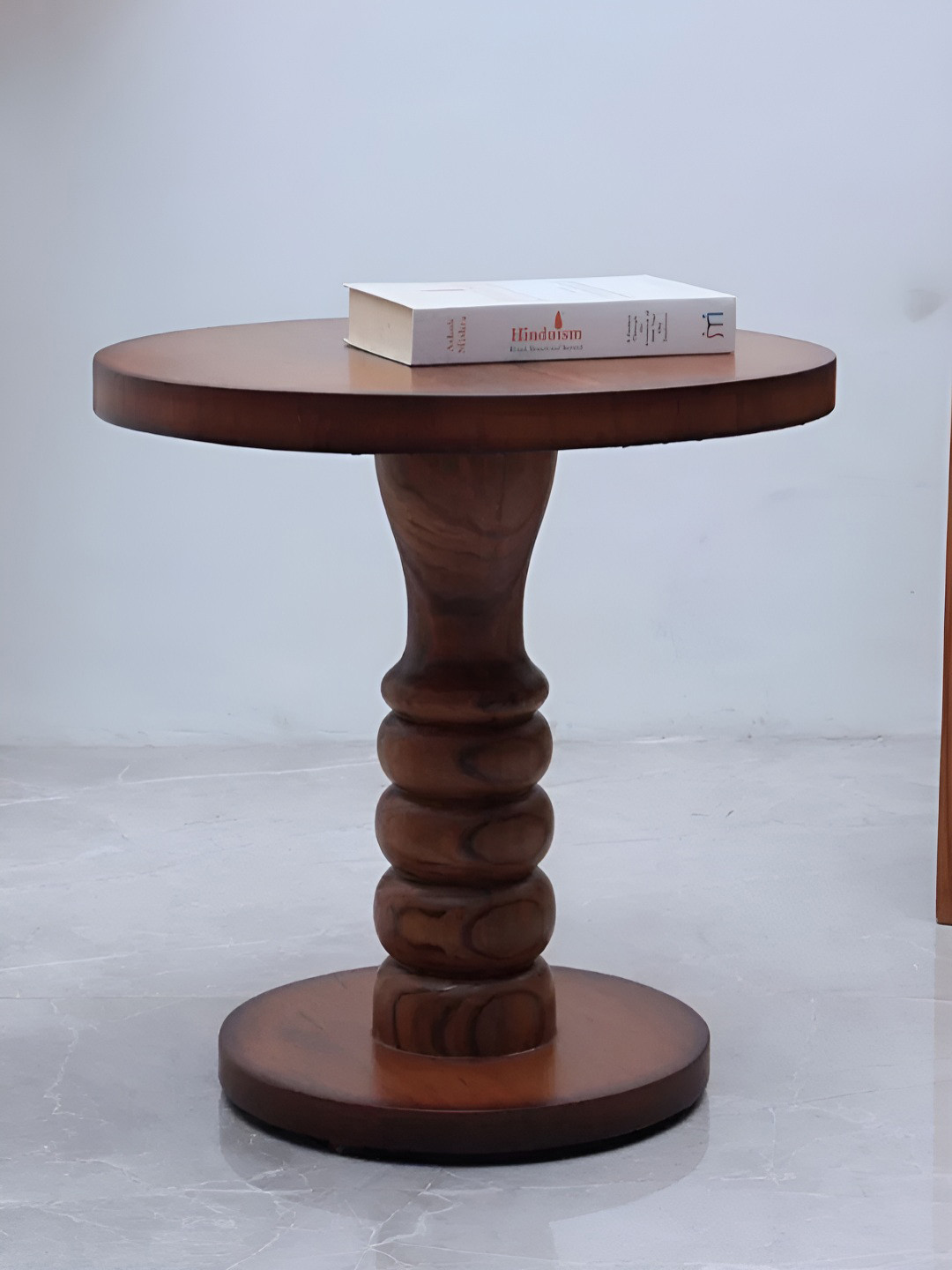 DZYN Furnitures Ornate Teak Brown Round Shaped Wooden Melamine Coffee Table