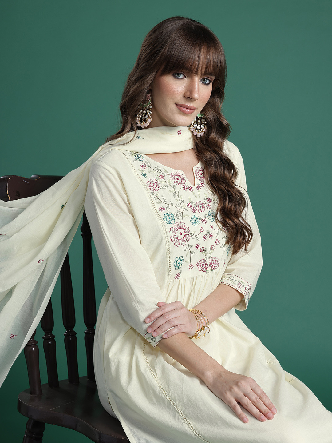 Indo EraFloral Embroidered Pure Cotton Kurta with Trousers & Dupatta
