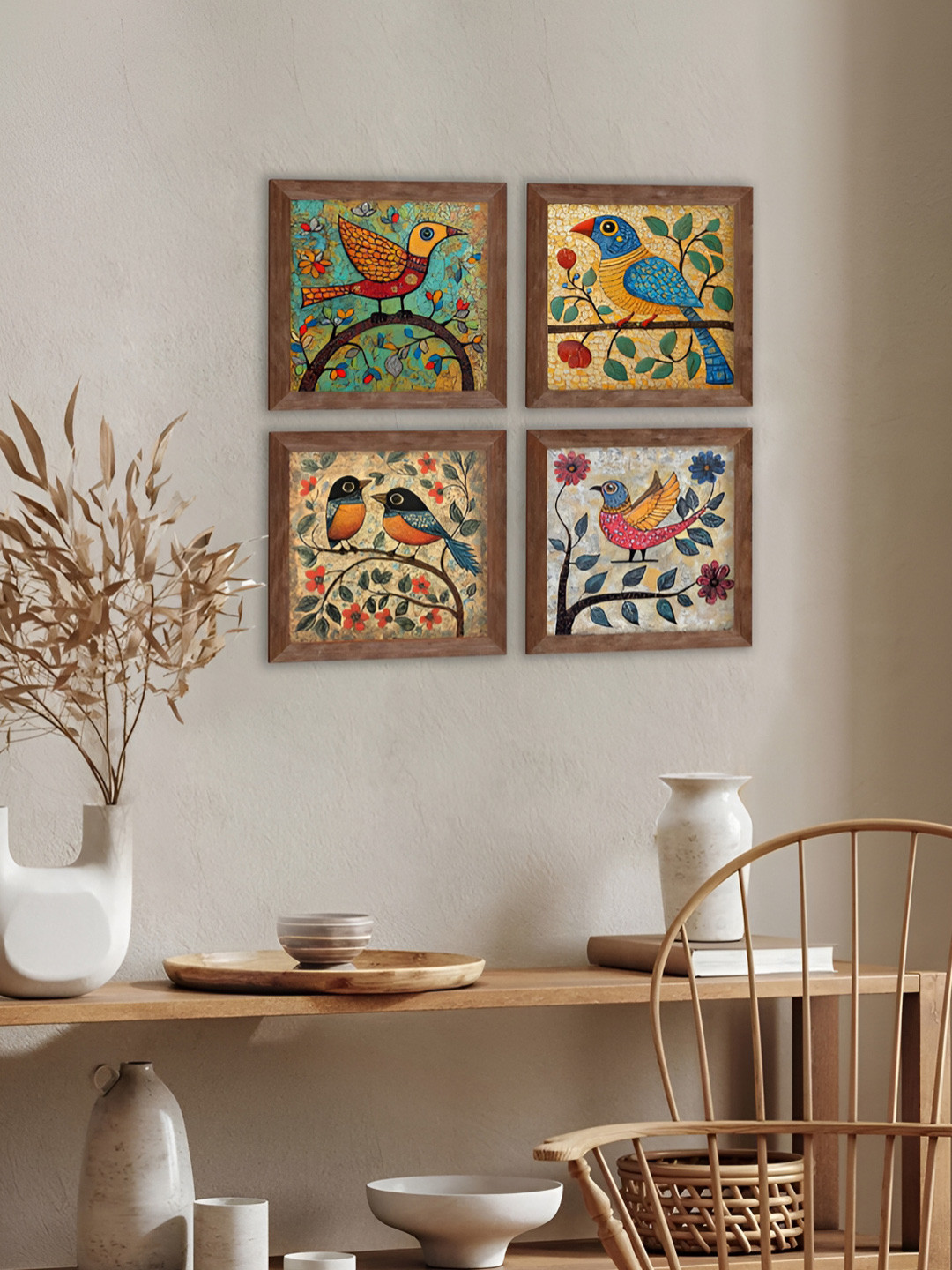 Art Street Gold-Toned & Green 4 Pieces Colorful Birds Wooden Wall Art