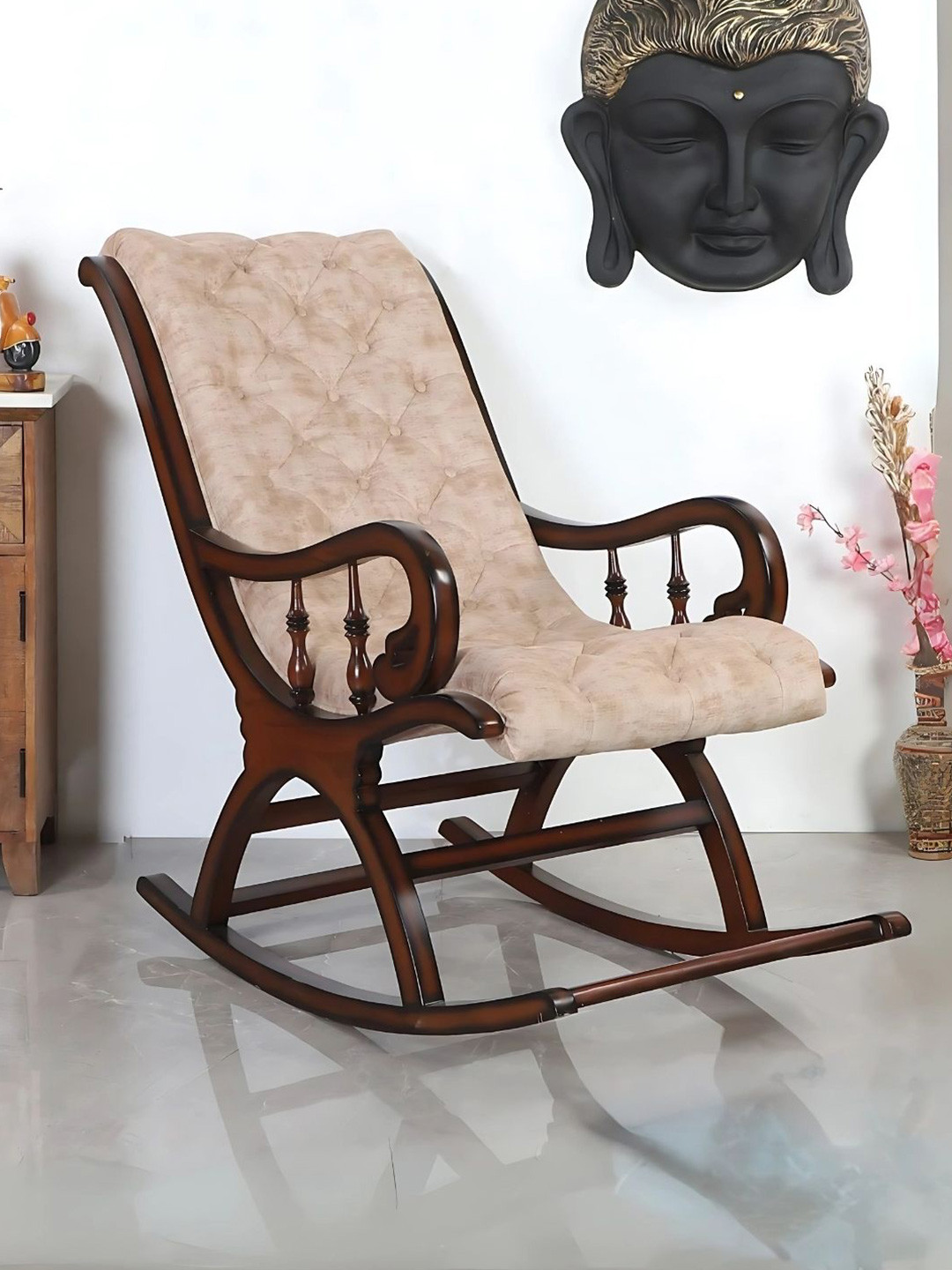 DZYN Furnitures Brown & Beige Upholstered Wood Rocking Chair
