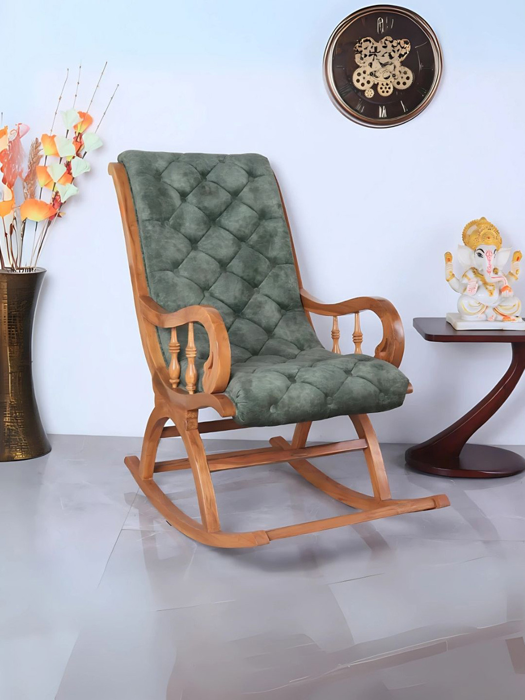 DZYN Furnitures Green & Brown Upholstered Wooden Rocking Chair