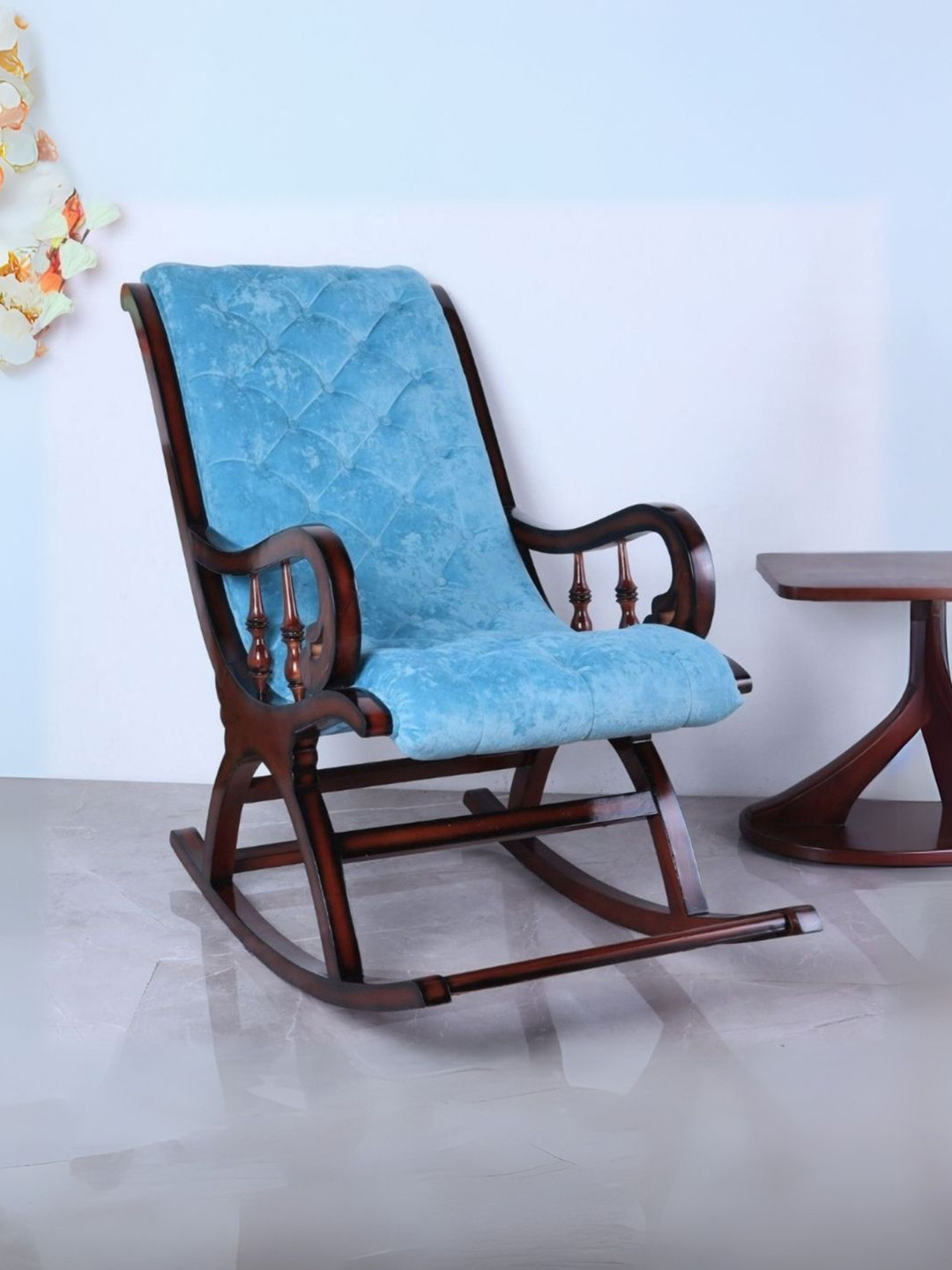 DZYN Furnitures Brown & Blue Wooden Rocking Chair