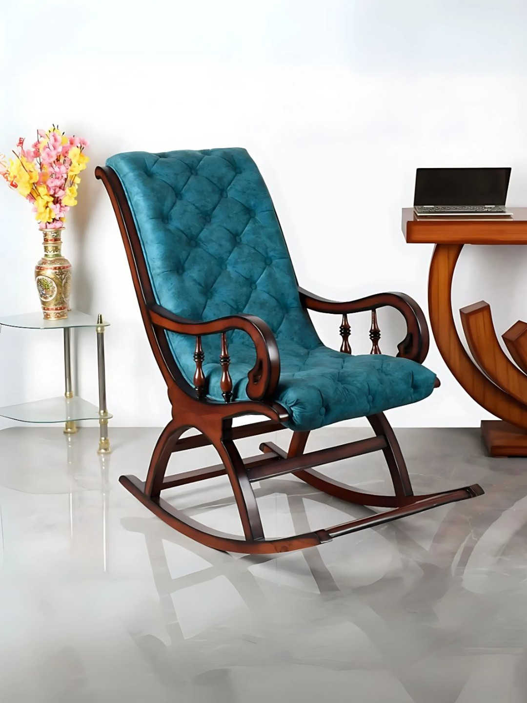 DZYN Furnitures Brown Turquoise Teak Wood Rocking Chair