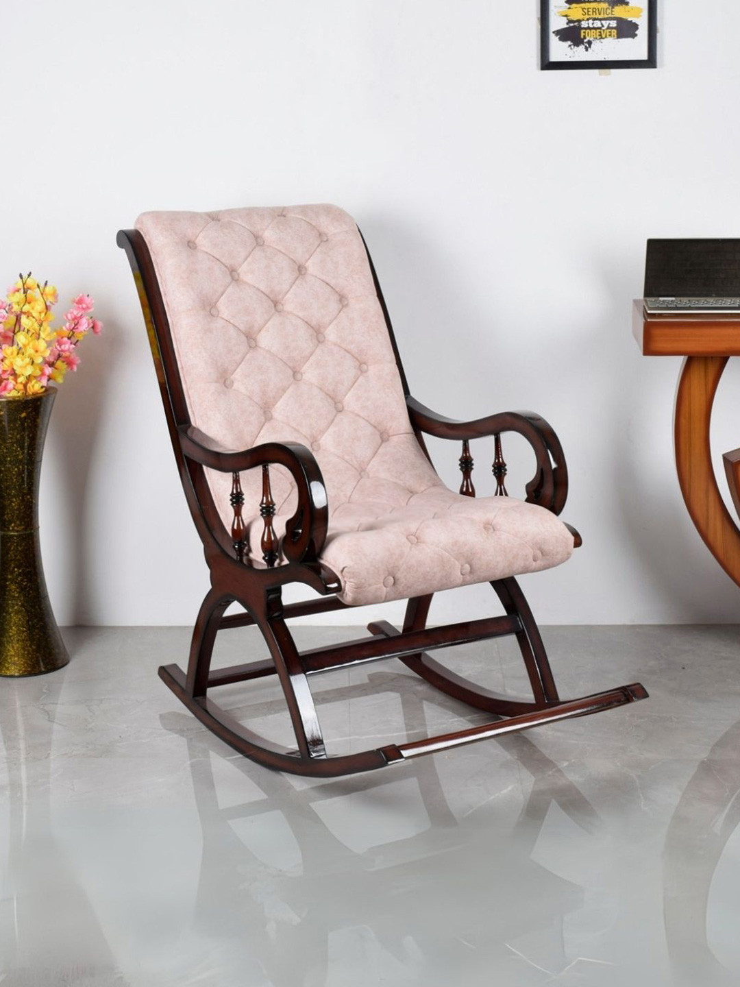 DZYN Furnitures Brown Teak Wood Rocking Chair