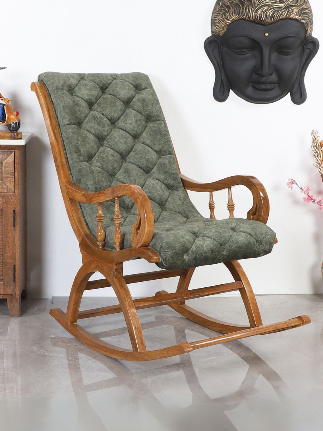 DZYN Furnitures Green Teak Wood Rocking Chair