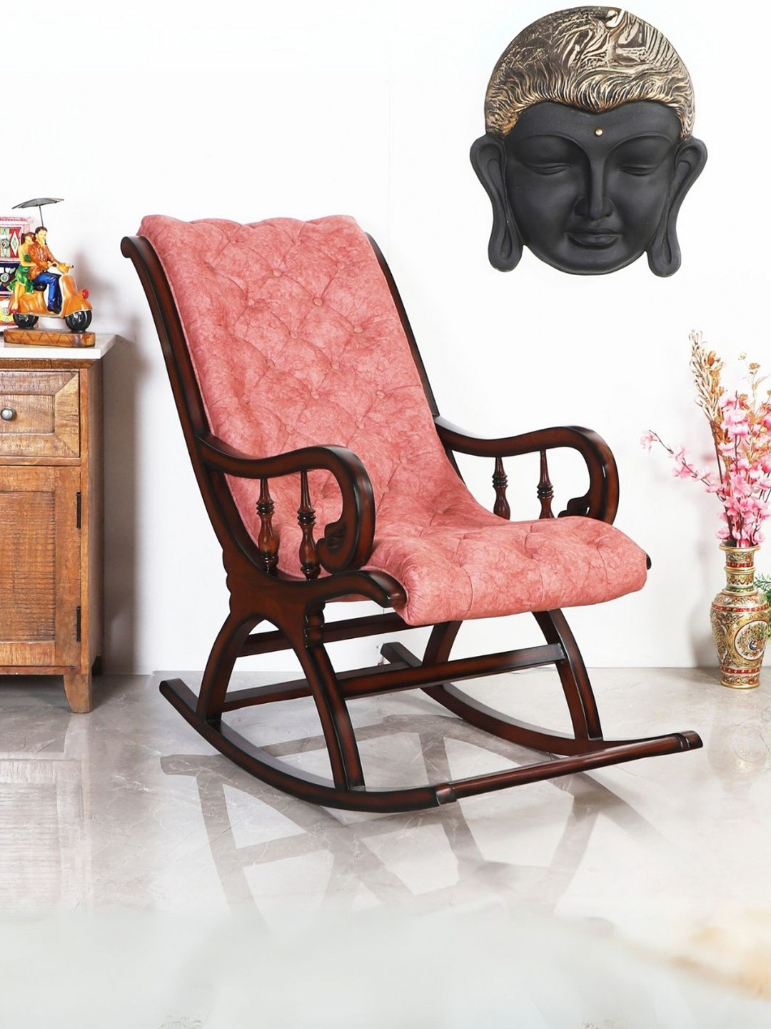 DZYN Furnitures Brown & Burgundy Upholstered Wood Rocking Chair