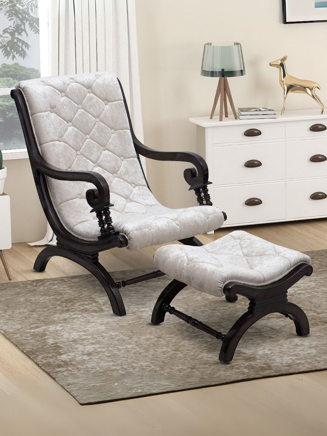 DZYN Furnitures Brown & Grey Upholstered Aaram Chair With FootRest