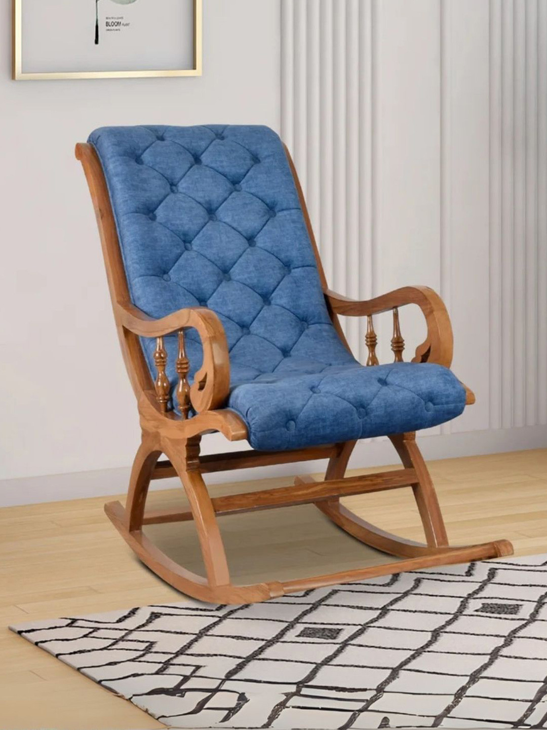 DZYN Furnitures Blue Upholstered Teak Wood Rocking Chair