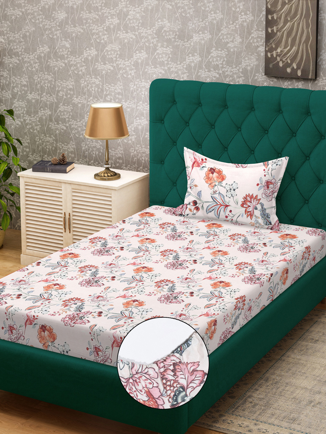 KLOTTHE Book Fold Pink Floral Cotton Soft Feel 300 TC Fitted Single Fine Bedsheet with a Pillow Cover-89 x 59 inches