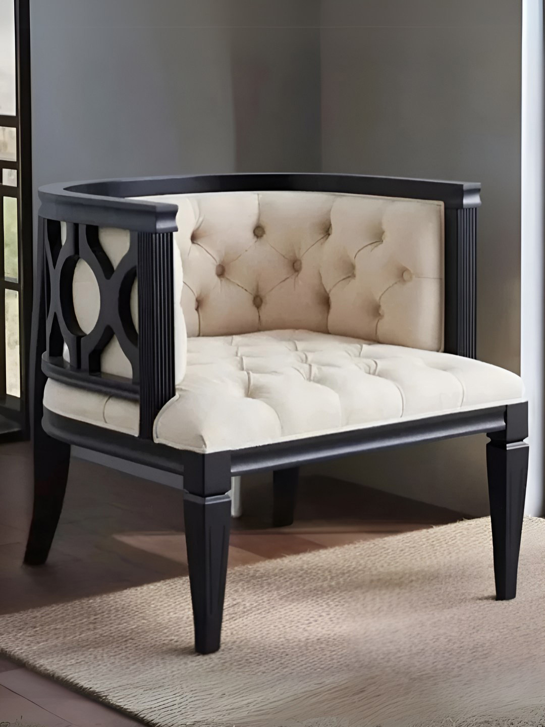 DZYN Furnitures Black & Beige Wooden Sienna Curved Lounge Chair