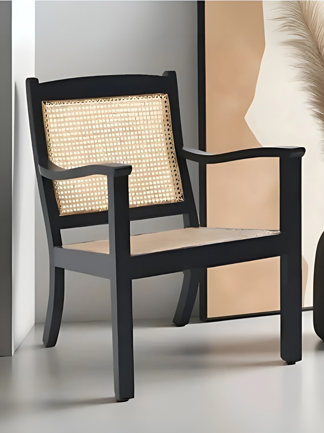 DZYN Furnitures Beige & Black Wooden Cane Lounge Chair