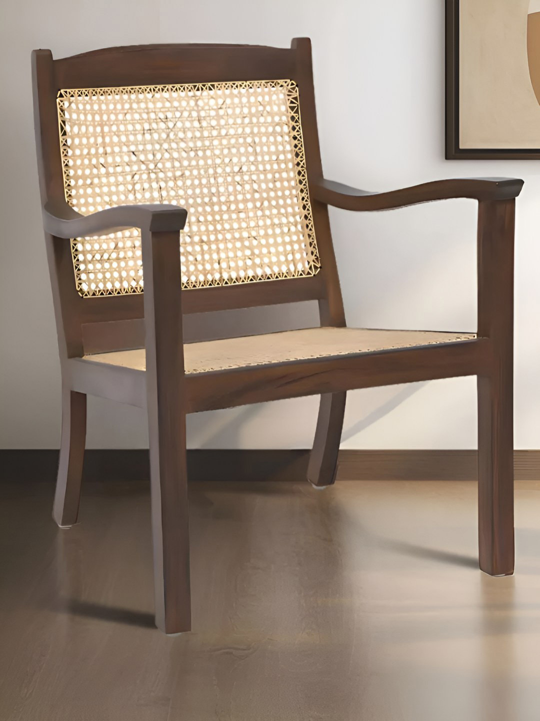 DZYN Furnitures Brown & Beige Wooden Cane Lounge Chair